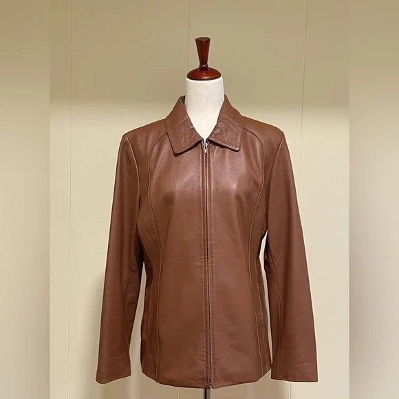 Prague Cropped Leather Jacket Cognac Brown size L - Picture 2 of 6